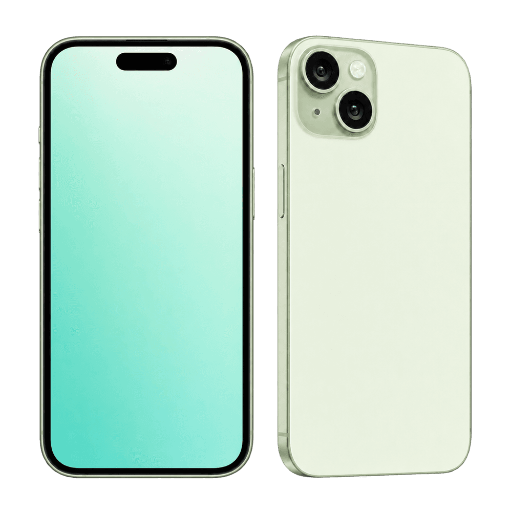 Ilustrativni prikaz zelenega iPhone 15, spredaj in zadaj.