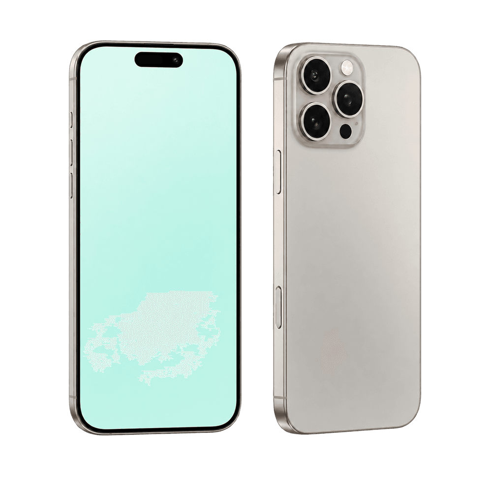 Ilustrativni prikaz iPhone 16 Pro v barvi naravni titan, spredaj in zadaj.