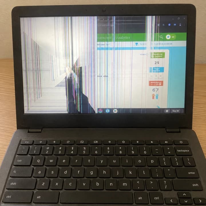 Prenosnik s počenim zaslonom in navpičnimi barvnimi črtami.